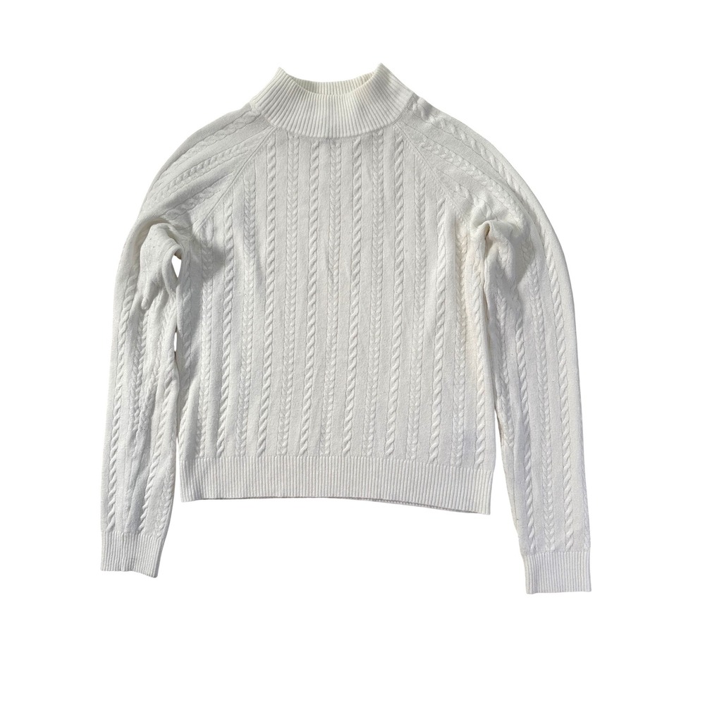 Hooked Up Women Cream White Cable Knit Mock Neck Raglan Sweater Size M - Picture 4 of 8